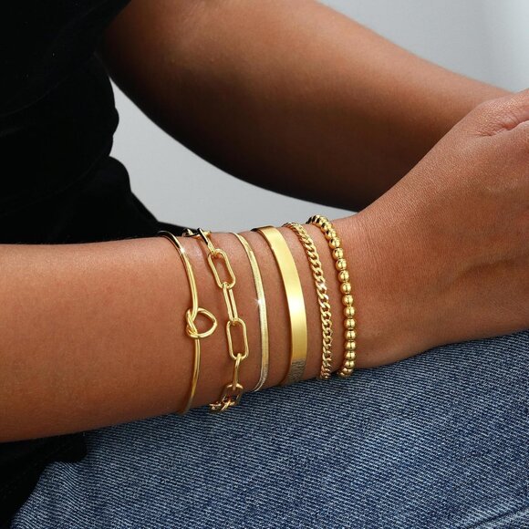 Trendy 14K Gold 6-Piece Stackable Bracelet Set Waterproof & Hypoallergenic - Picture 3 of 8